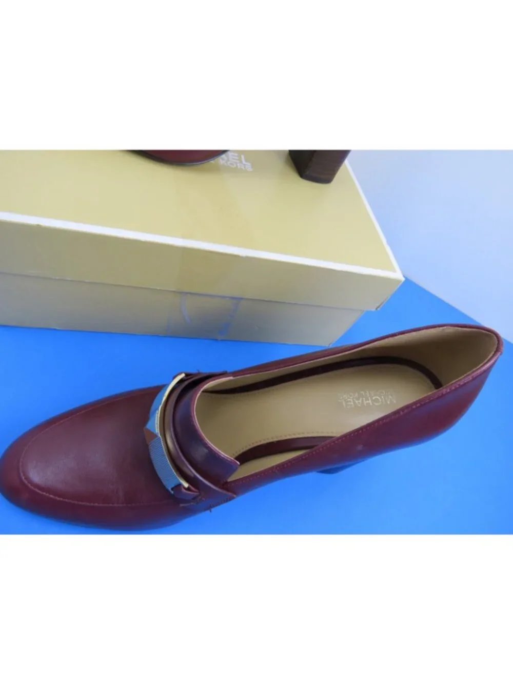 Michael Kors Leather Sheila Merlot Burgundy Mid Loafer Pumps Block Heel 10